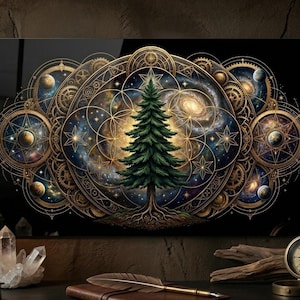 May include: A decorative wall art print featuring a central green evergreen tree with roots, set against a cosmic background of galaxies, planets, and stars. The artwork is framed by intricate gold and blue celestial designs, creating a mystical and detailed composition.