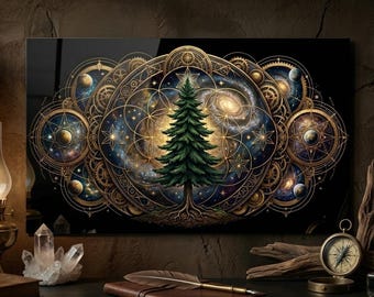 Celestial Pine Tree Sacred Geometry Print, Mystical Galaxy Wall Art (Digital Download)