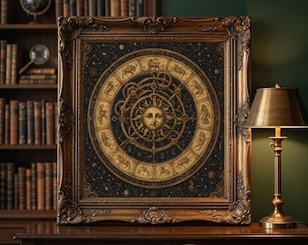 Vintage Celestial Zodiac Wall Art, Astronomical Clock Print, Sacred Geometry Sun Poster (Digital Download)