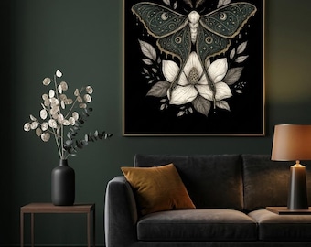 Celestial Luna Moth Wall Art – Dark Cottagecore Gold Starry Moon Butterfly Print (Digital Download)