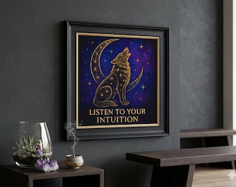 Celestial Wolf Moon Art Print – Mystic Night Sky, Spiritual Gold Design (Digital Download)