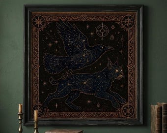 Celestial Raven Lynx Print, Mystical Crow Wildcat Wall Art, Dark Academia Illustration (Digital Download)