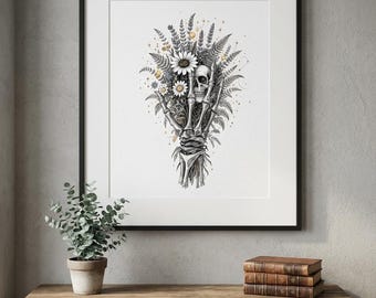 Botanical Skeleton Hand Wall Art, Skull Floral Bouquet Print (Digital Download)