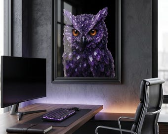 Amethyst Crystal Owl Wall Art, Mystical Pagan Gothic Decor (Digital Download)