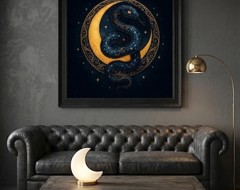 Celestial Snake Moon Art Print, Mystical Serpent Zodiac Decor (Digital Download)