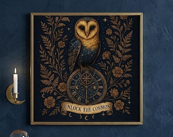 Mystical Owl Celestial Clock Art, Dark Academia Digital Print (Digital Download)