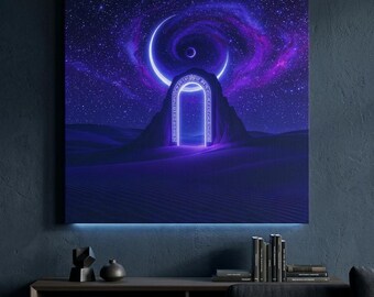 Cosmic Oasis Print, Mystical Desert Portal, Glowing Runes, Purple Nebula Wall Art