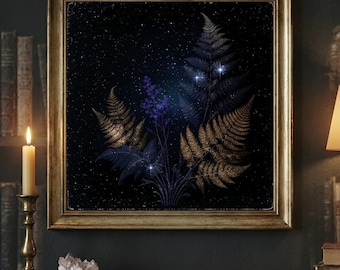 Celestial Botanical Print, Dark Academia Fern Poster, Mystic Constellation Art (Digital Download)