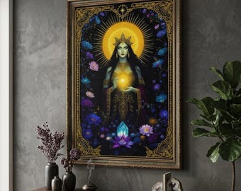 Celestial Goddess Art Print, Mystic Botanical Wall Art, Cosmic Sun Halo Poster (Digital Download)