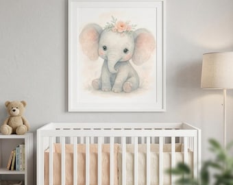Watercolor Baby Elephant Floral Nursery Art (Digital Download)