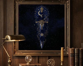 Celestial Dagger Wall Art, Dark Academia Dagger Print, Celestial Moon Rose Dagger Poster, Gothic Mystic Sword PNG, Printable Wall Art