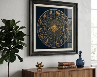 Celestial Zodiac Wheel Art, Gold Foil Astrology Print, Mystical Horoscope Poster (Digital Download)