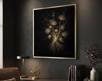 Cosmic Botanical Art, Mystic Gold Tree of Life Print, Dark Academia Poster (Digital Download)