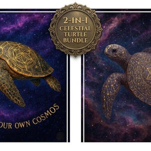 Paquete de láminas decorativas de tortugas celestiales para pared, póster de galaxia de geometría sagrada (descarga digital)