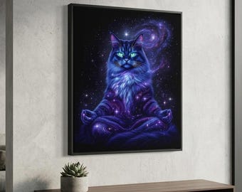 Zen Cat Poster, Cosmic Meditation Art Print, Indigo Nebula Wall Art (Digital Download)