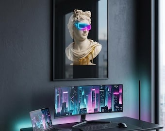 Cyberpunk Classical Bust Wall Art, Gold Dripping Neon VR Goggles Print (Digital Download)