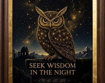 Celestial Owl Wall Art, Mystical Gold Galaxy Print, Spiritual Wisdom Poster (Digital Download)