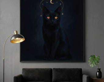 Mystic Black Cat Celestial Art Print, Golden Moon Stars (Digital Download)