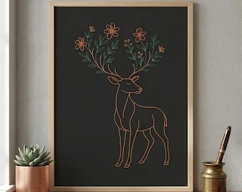 Minimalist Floral Deer Line Art Print, Botanical Antler Poster (Digital Download)