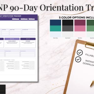 Könnte beinhalten: Ein druckbarer New NP 90-Tage-Orientierungs-Tracker mit lila und weißem Design. Das Bild enthält einen Klemmbrett mit ausfüllbarem PDF und Sofort-Download-Text, einen Stift und fünf Farboptionen. Das Logo von Healthcare Desk Co. befindet sich unten links.
