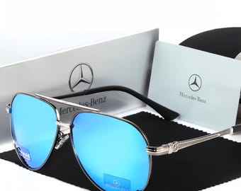 Gafas de sol de aviador vintage, inspiradas en Mercedes-Benz, con lentes polarizadas de espejo azul, gafas de sol de lujo para conducir con caja de regalo.
