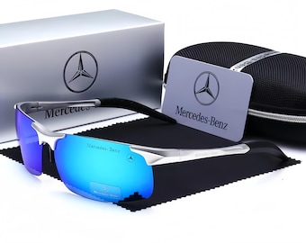 Mercedes-Benz Inspired Semi-Rimless Sunglasses, Silver Frame Blue Mirror Lens, Men's Sport Driving Shades with Gift Box Set