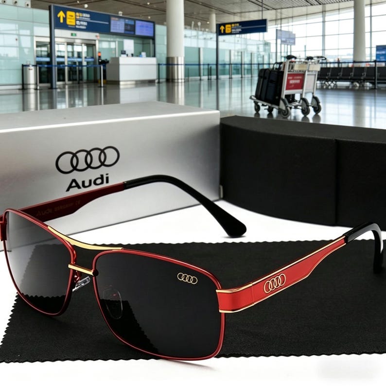 May include: Red and gold-framed sunglasses with black lenses. The sunglasses have black temples and the Audi logo on the temple and lens. The sunglasses are displayed on a black cloth, with a silver box and a black box in the background.