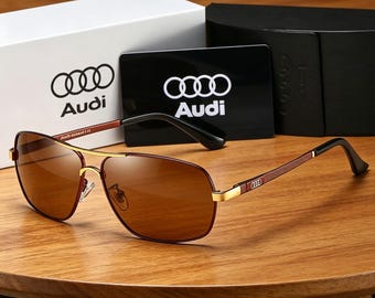 Red Gold Audi Square Sunglasses Polarized Brown UV400 Luxury Driving Shades for Men Gift