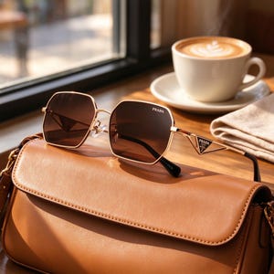 May include: Gold-tone metal sunglasses with brown gradient lenses and a geometric frame shape. The temples feature a triangular logo plaque with the Prada brand name. The word Prada is printed in white on the upper corner of the right lens.