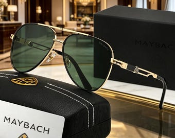 Men's Luxury Gold Frame Sunglasses, Maybach Inspired Pilot Shades, Premium UV Protection Eyewear, Business Casual Accessory