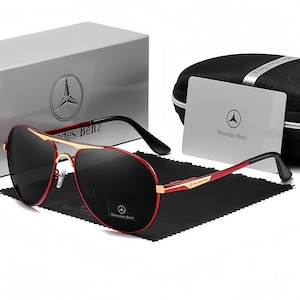 Pilot Sunglasses, Mercedes-Benz Themed, Black Gold Frame, UV Protection Driving Shades Red Gold