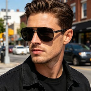 Op de afbeelding: Zwarte aviator zonnebril met een dubbele brug en donkere glazen. De zonnebril heeft een zilveren accent op de veren. De persoon op de foto draagt een zwarte jas.