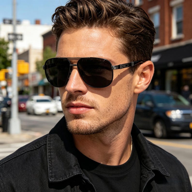 Op de afbeelding: Zwarte aviator zonnebril met een dubbele brug en donkere glazen. De zonnebril heeft een zilveren accent op de veren. De persoon op de foto draagt een zwarte jas.