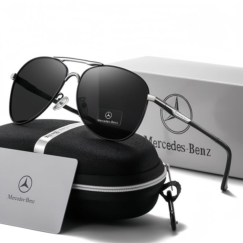 Pilot Sunglasses, Mercedes-Benz Themed, Black Gold Frame, UV Protection Driving Shades image 2