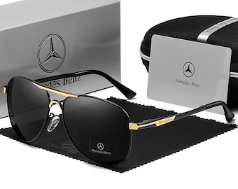 Gafas de sol de piloto, con temática de Mercedes-Benz, montura negra y dorada, protección UV para conducir.