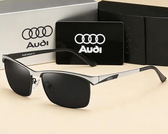 Op Audi geïnspireerde gepolariseerde rechthoekige zonnebril, metalen frame UV400-bescherming, luxe autocadeau voor hem