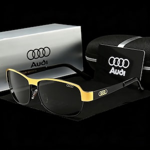 Audi Inspired Rectangular Polarized Sunglasses, Black & Gold Metal Frame, Luxury Driving Gift for Him