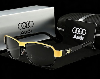 Audi Inspired Rectangular Polarized Sunglasses, Black & Gold Metal Frame, Luxury Driving Gift for Him