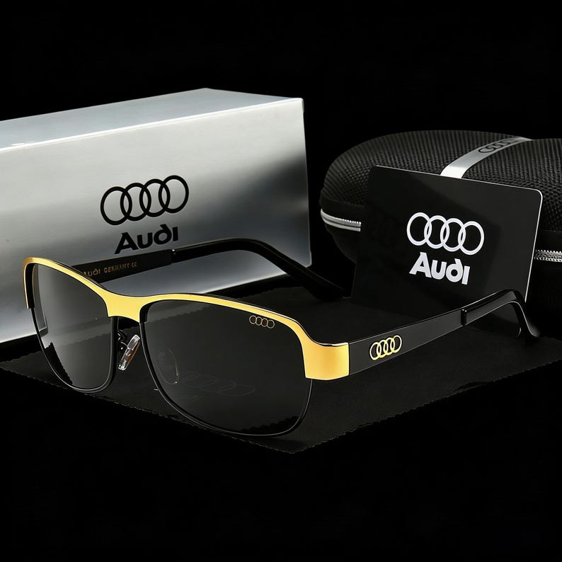 Audi Inspired Rectangular Polarized Sunglasses, Black & Gold Metal Frame, Luxury Driving Gift for Him black gold