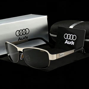 Audi Inspired Rectangular Polarized Sunglasses, Black & Gold Metal Frame, Luxury Driving Gift for Him Gun Silver