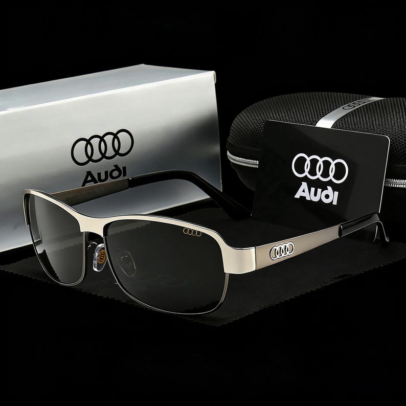 Audi Inspired Rectangular Polarized Sunglasses, Black & Gold Metal Frame, Luxury Driving Gift for Him Gun Silver