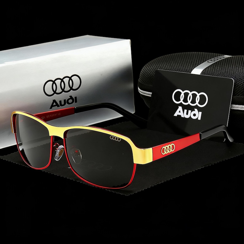Audi Inspired Rectangular Polarized Sunglasses, Black & Gold Metal Frame, Luxury Driving Gift for Him Red Gold