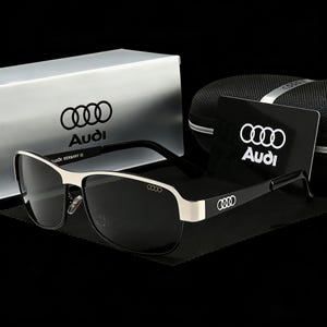 Audi Inspired Rectangular Polarized Sunglasses, Black & Gold Metal Frame, Luxury Driving Gift for Him Black Silver