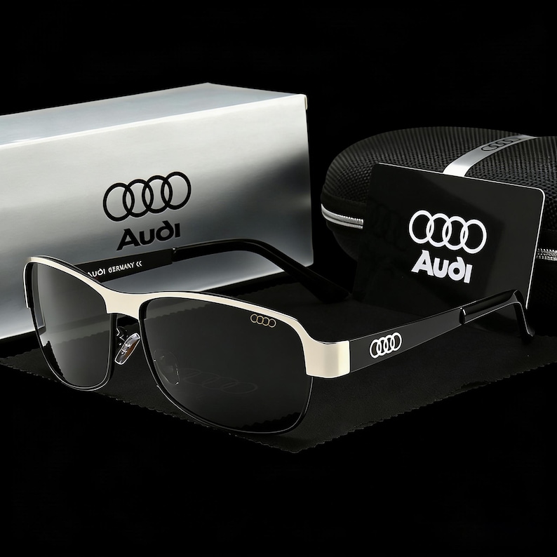 Audi Inspired Rectangular Polarized Sunglasses, Black & Gold Metal Frame, Luxury Driving Gift for Him Black Silver