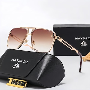 Men's High-End Square Sunglasses, Maybach Logo Detail, Gold Metal Frame Gradient Brown Lens, Complete Gift Box with Case