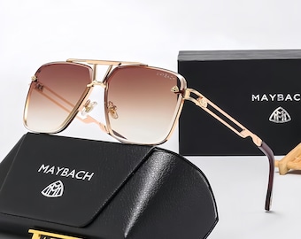 Men's High-End Square Sunglasses, Maybach Logo Detail, Gold Metal Frame Gradient Brown Lens, Complete Gift Box with Case
