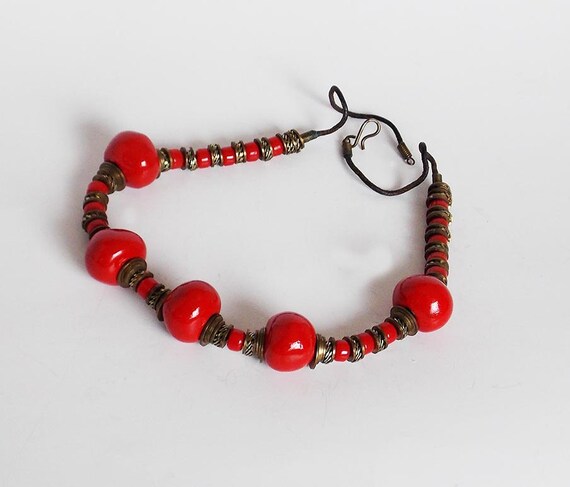 Real red necklace, ceramic or clay beads, bold st… - image 4