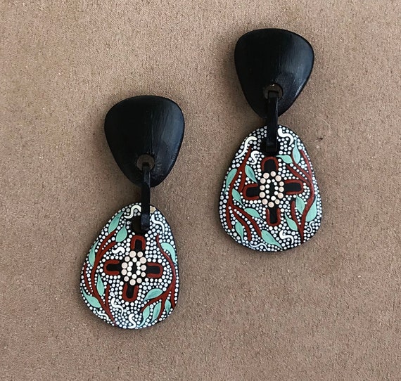 Australian aboriginal pattern earrings, clips-ons, vintage earrings
