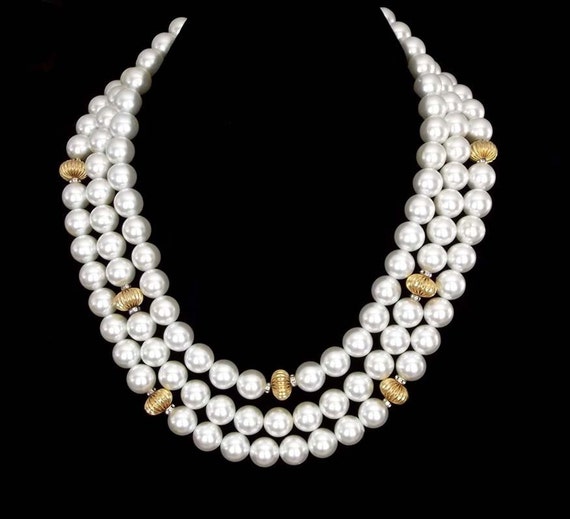 Vintage 80's large faux pearl, 3 strand necklace - image 1