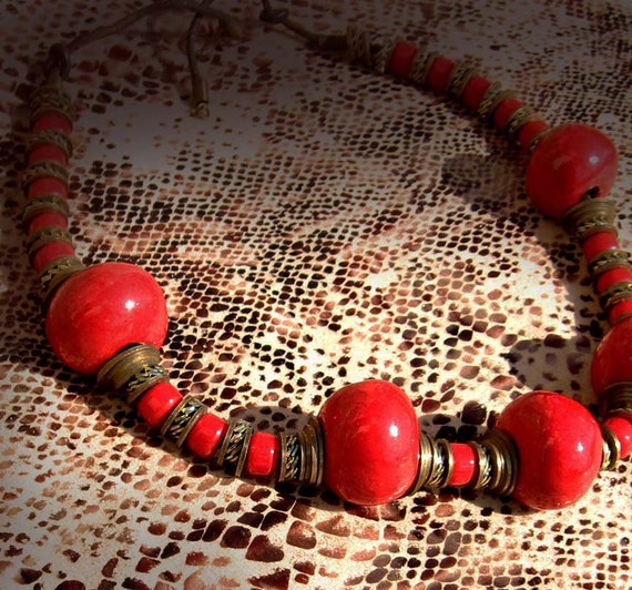 Real red necklace, ceramic or clay beads, bold st… - image 1